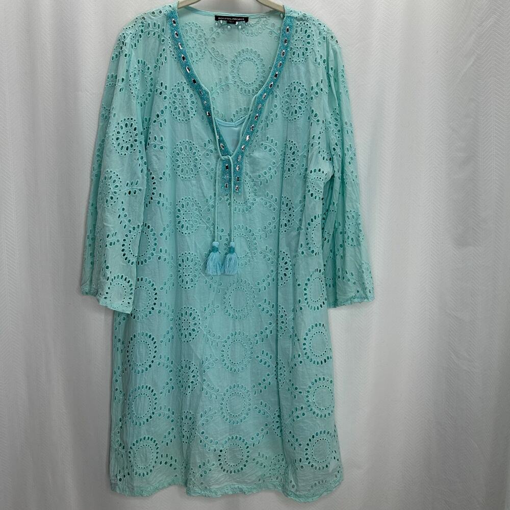 Boston Proper teal shift dress eyelets XL vacation resort cruise